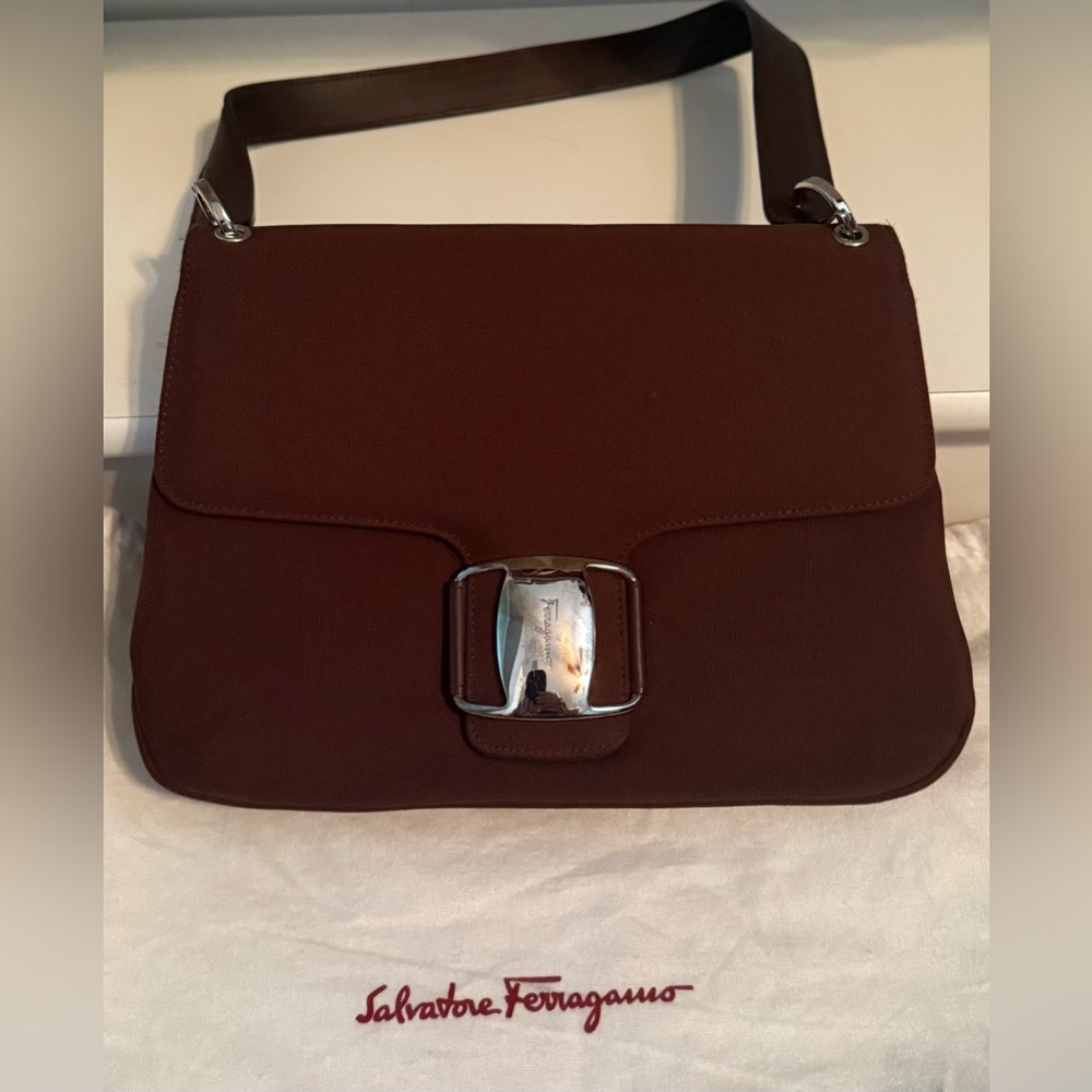 Salvatore Ferragamo Dark Brown Vala Shoulder Bag with Silver Buckle